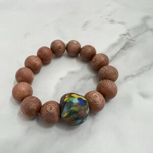 Rosewood & Krobo Glass Bead Stretch Bracelet